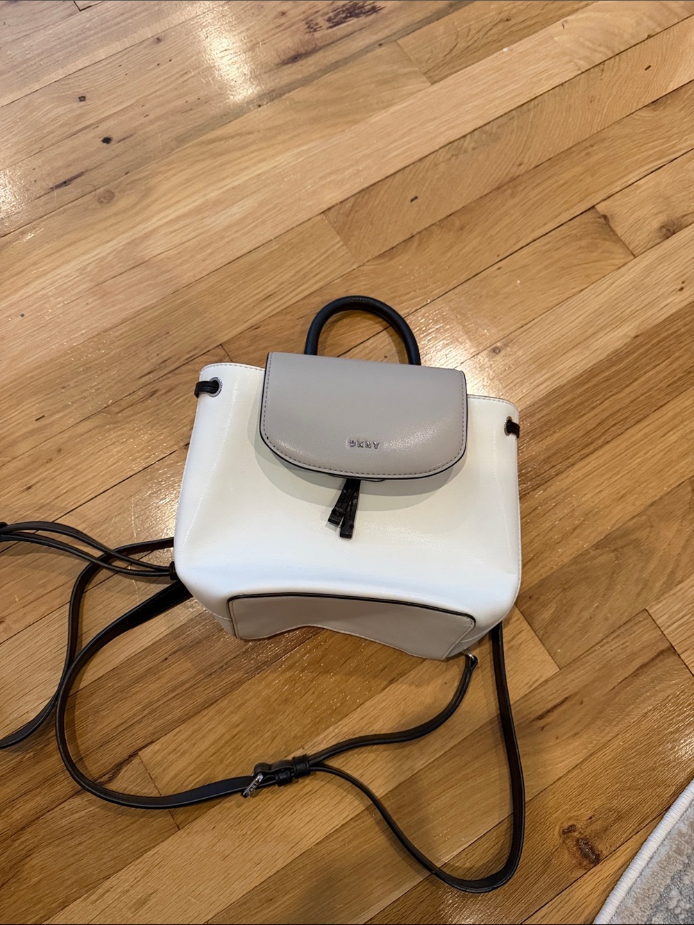 DKNY White and Taupe Leather Crossbody Bag with Black Trim
